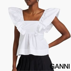 GANNI **NWT** Sleeveless Ruffle Cotton Poplin Blouse / Tank in Bright White